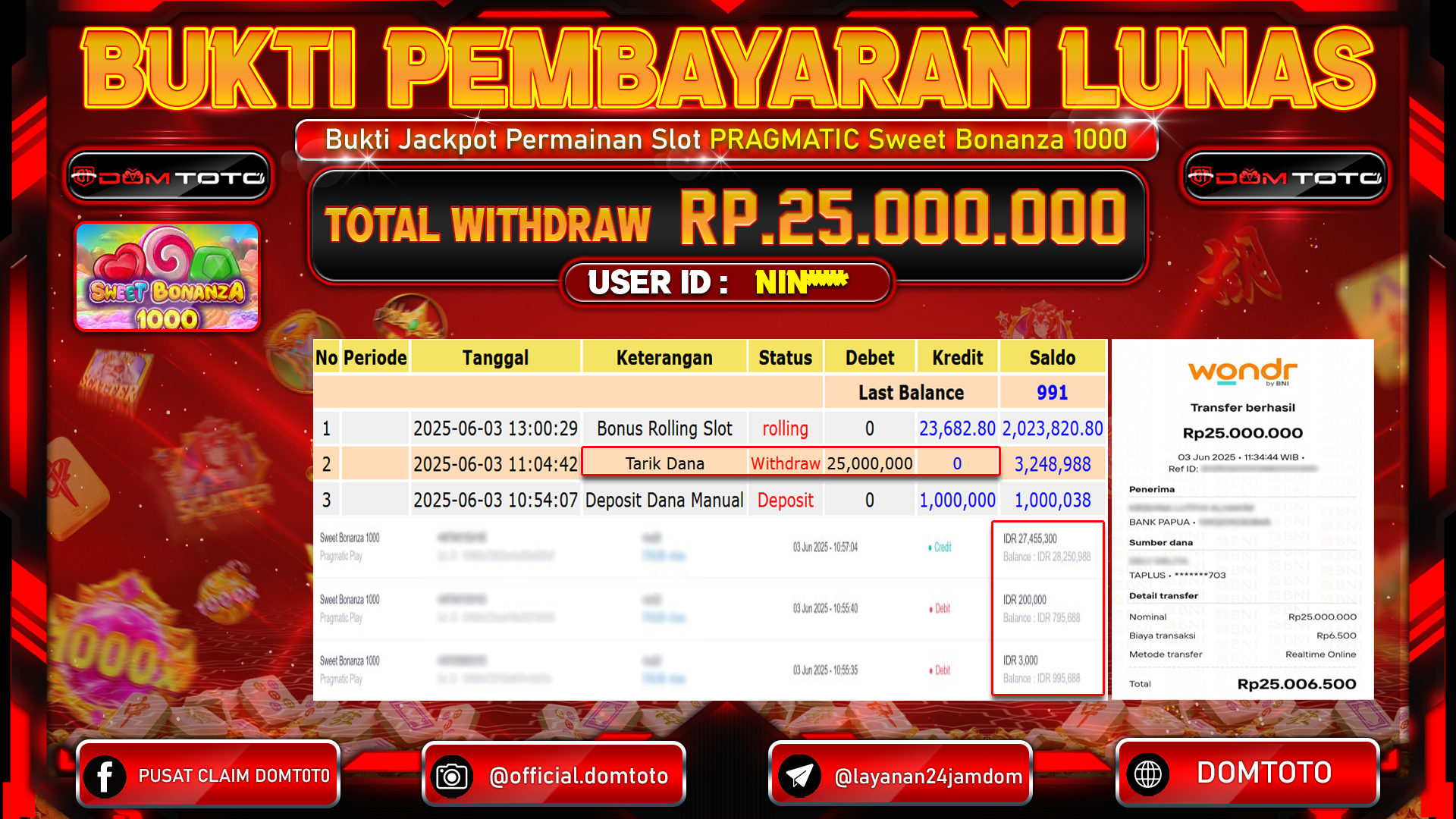 JACKPOT SLOT SWEET BONANZA 1000 03 JUNI 2025